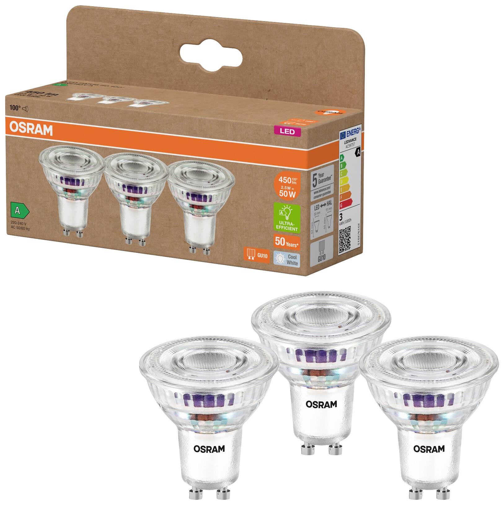 OSRAM HOMELIGHTING 4099854277924 LED-reflektorlampa-lamp EEK A (A – G) GU10 Reflektor 2.5 W = 50 W Neutralvit (Ø x H) 50