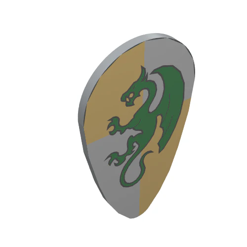 Part 2586p4k – Minifigure, Shield Ovoid with Dark Green Dragon on Bright Light Orange and Bright Light Yellow Quarters Background Pattern
