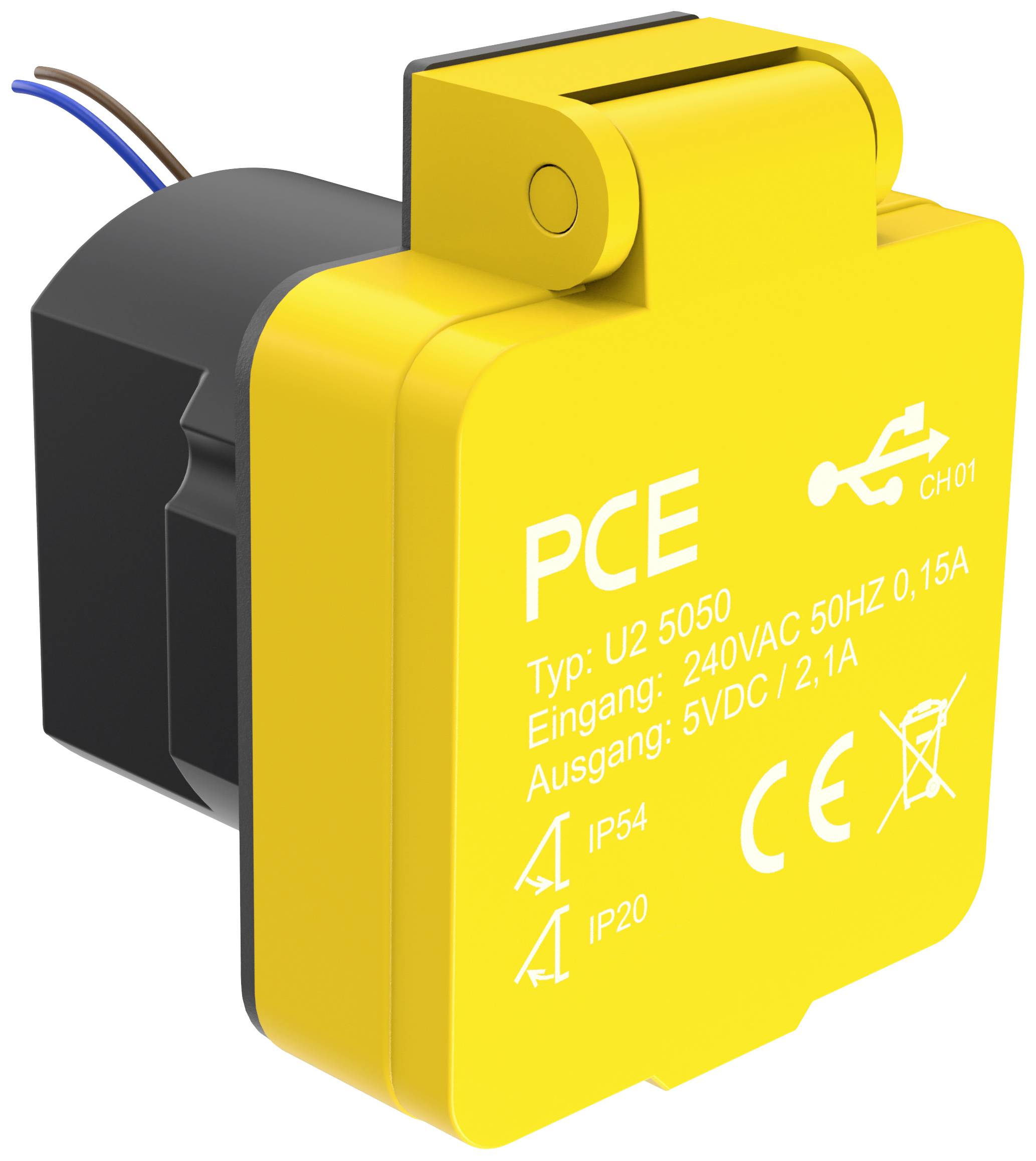 PCE U25050 Eluttag Utanpåliggande med USB- Laddningsutgång IP54 Gul