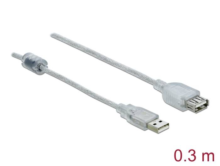 Delock USB-kabel USB 2.0 USB-A kontakt, USB-A uttag 0.30 m Transparent dubbelt skärmad, guldpläterad kontakt 82244