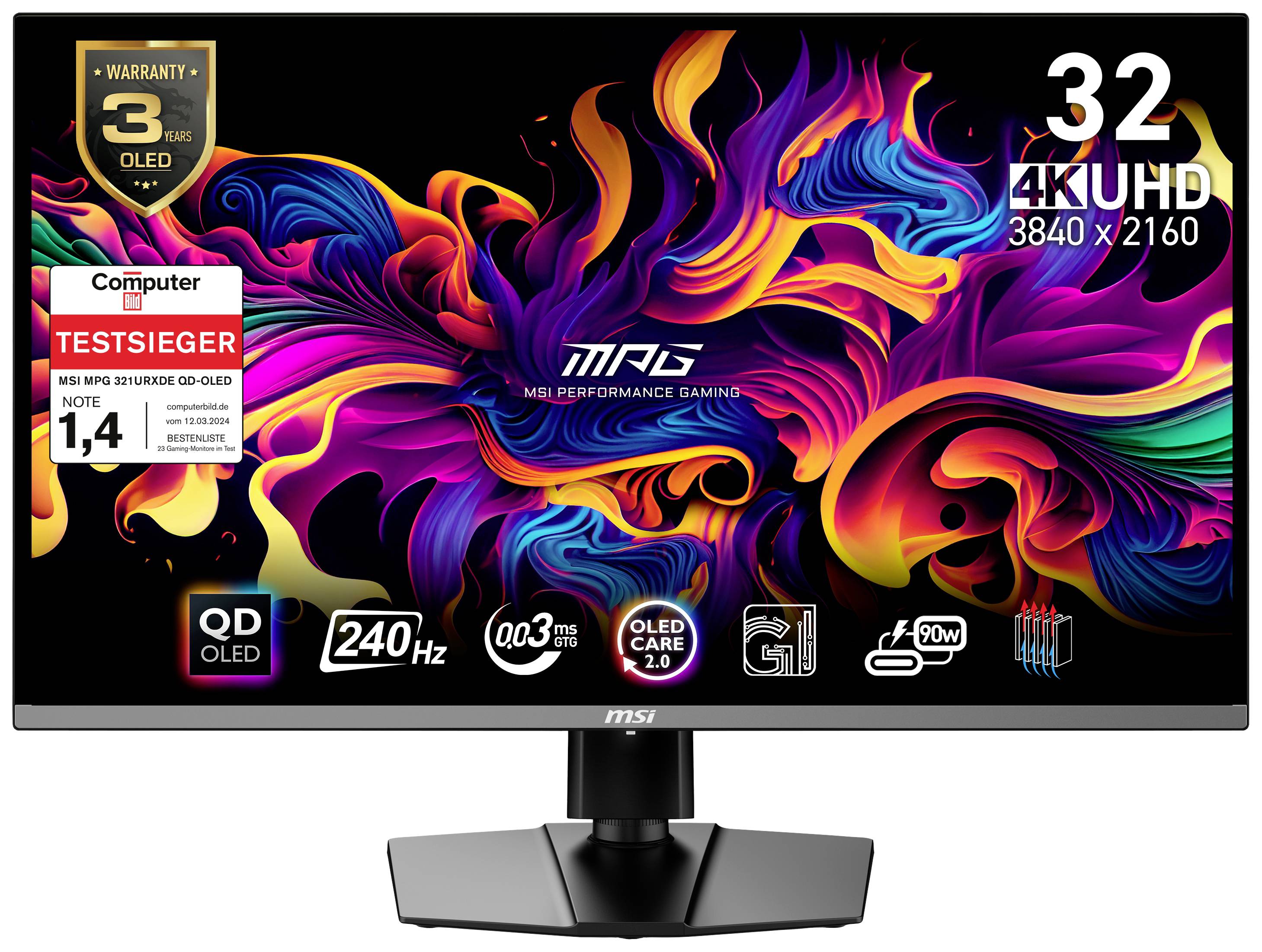 MSI MPG 321URXDE QD-OLED Spelskärm EEK G (A – G) 80 cm (31.5 tum) 3840 x 2160 pixel 16:9 0.03 ms HDMI, DisplayPort, USB-