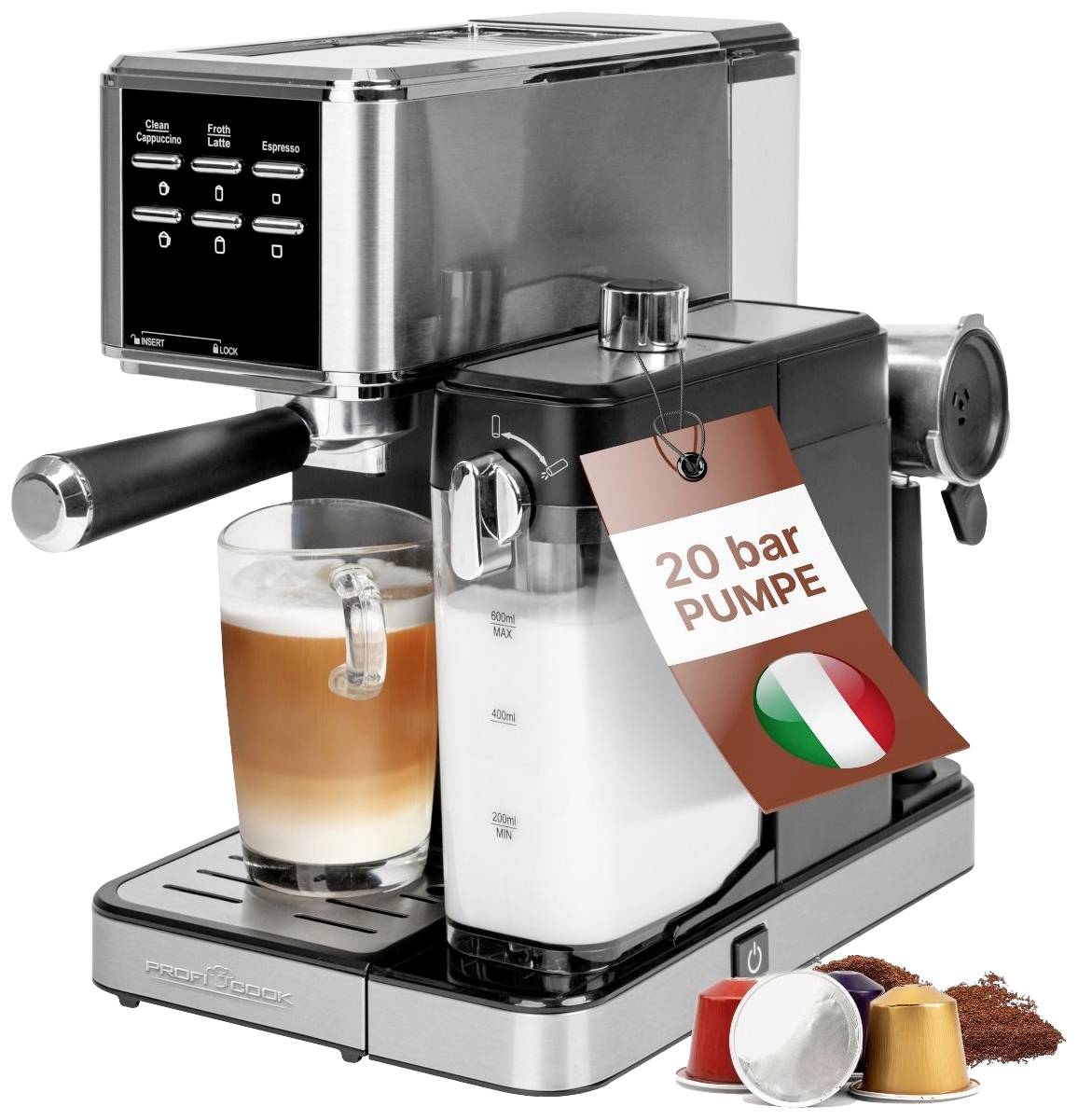 Profi Cook PC-ES-KA 1266 Espressomaskin Rostfritt stål med automatisk mjölkskummare